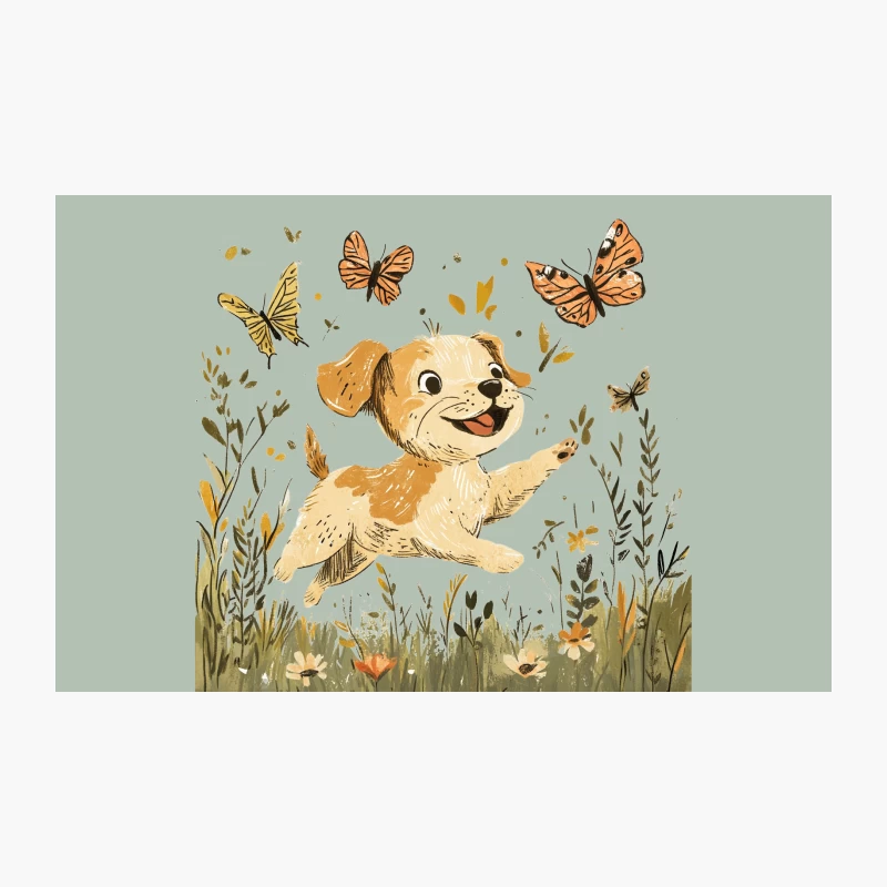 Playful Puppy Frolicking with Butterflies in a Flowery Meadow Travel Mug
