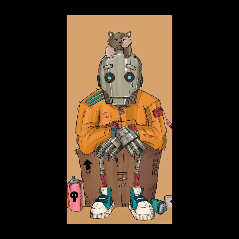 Urban Robot with Cat in Street Art Style iPhone Case