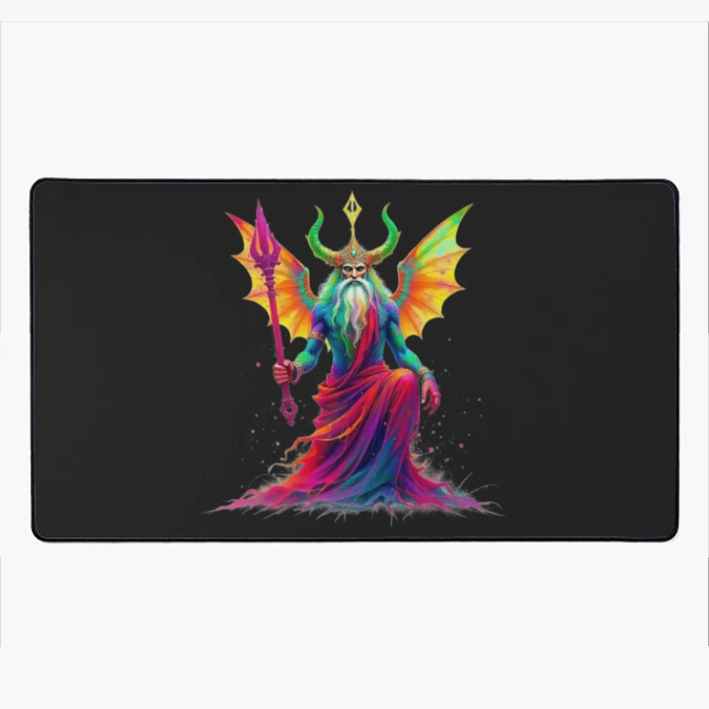 Rainbow-Hued Horned Deity with Dragon Wings Desk Mat