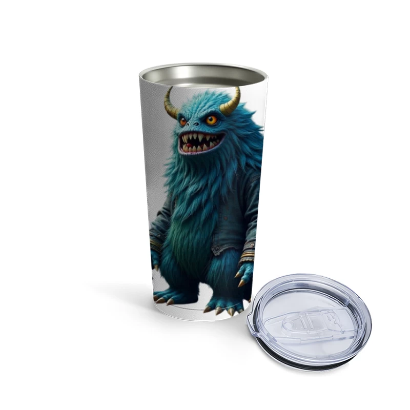 Furry Blue Monster in Denim Jacket with Golden Horns Travel Mug