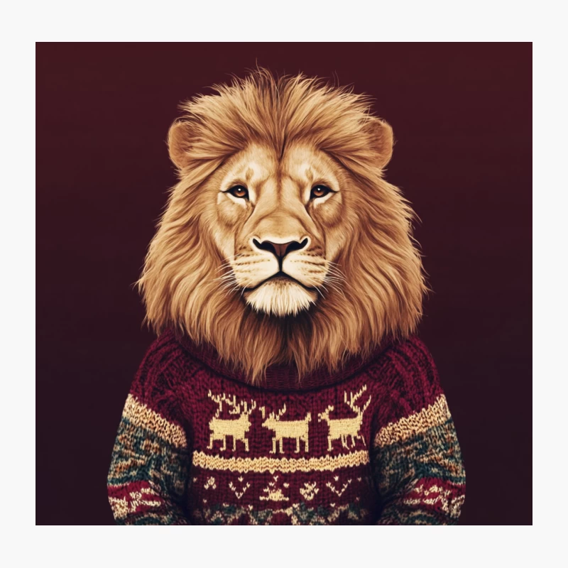 Majestic Lion in Christmas Reindeer Pattern Sweater Throw Pillow