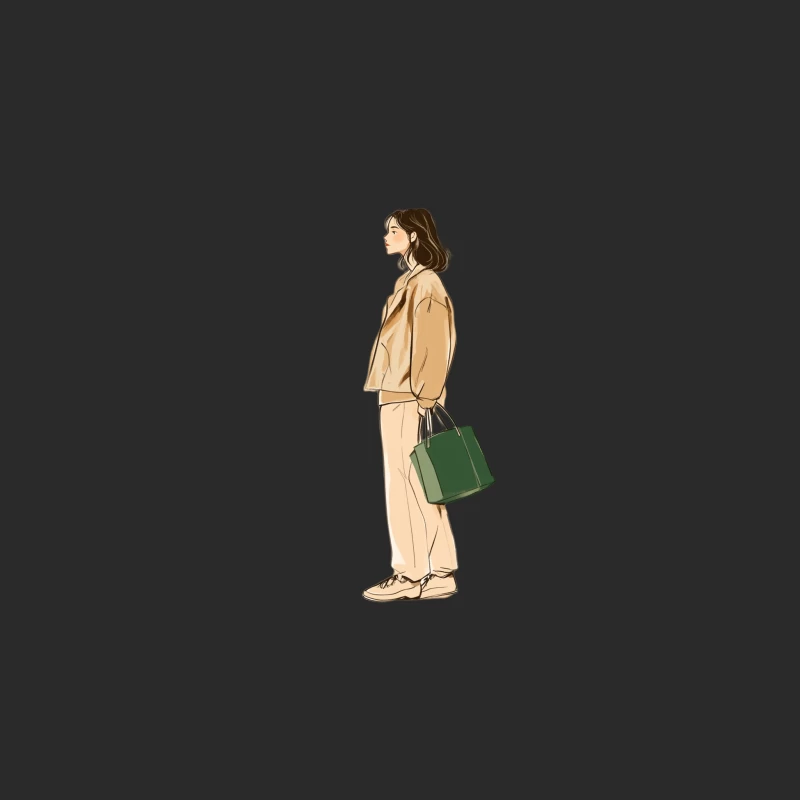 Stylish Woman in Beige with Green Handbag: Minimalist Fashion Illustration Baseball Cap