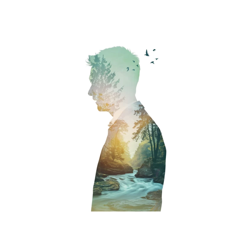 Silhouette's Natural Harmony: A Double Exposure of Forest and River Tapestry