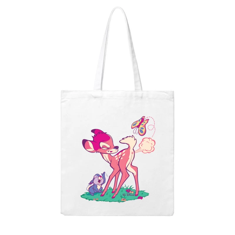 Cute Cartoon Deer with Butterfly Cotton Tote Bag