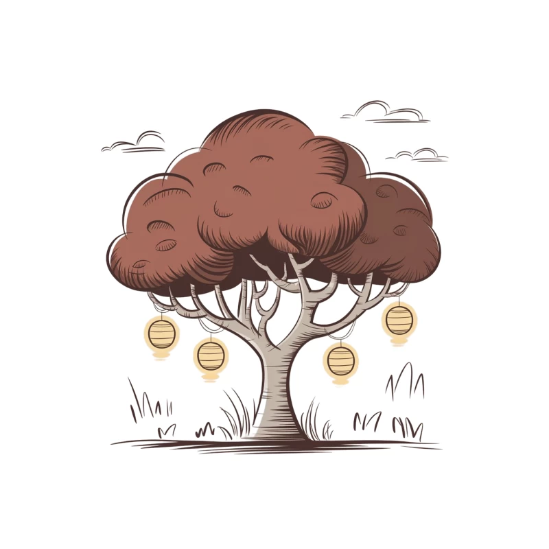 Stylized Tree with Hanging Lanterns Illustration Tapestry