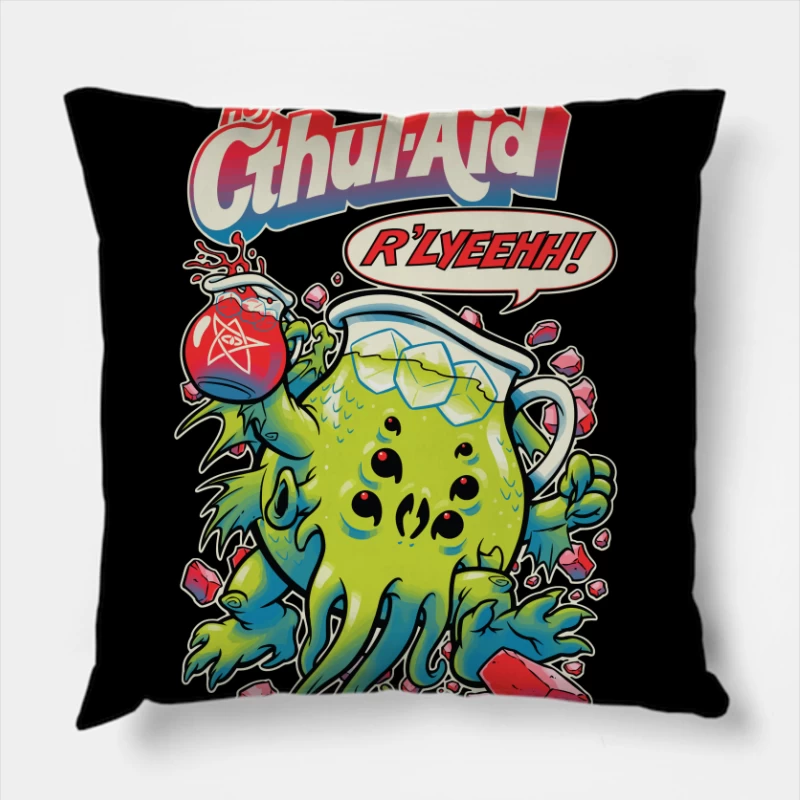 Hey Cthul-Aid: A Lovecraftian Drink Parody Throw Pillow