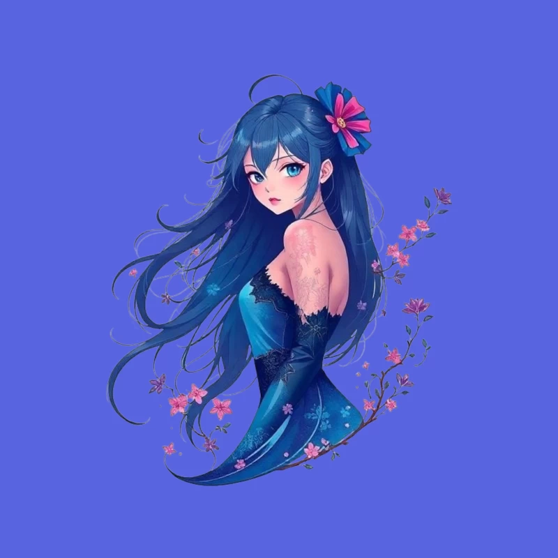 Elegant Anime Girl with Blue Hair and Floral Accents in Evening Dress Throw Pillow