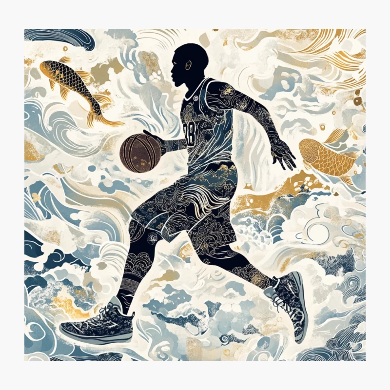 Aquatic Fusion: Basketball Player's Silhouette Amidst Ocean Waves and Koi Throw Pillow