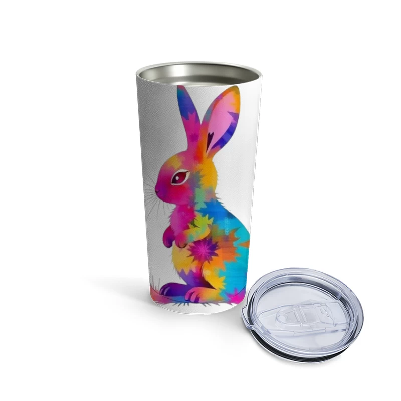 Vibrant Tie-Dye Watercolor Bunny Illustration Travel Mug