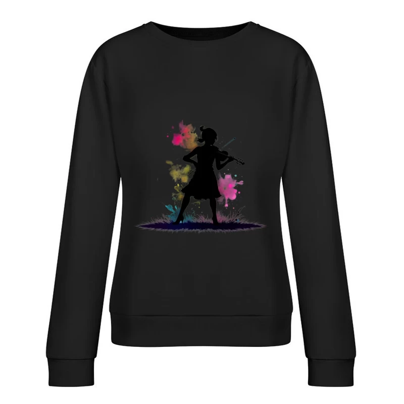 Colorful Silhouette of a Girl Playing Violin Female Pullover Sweatshirt