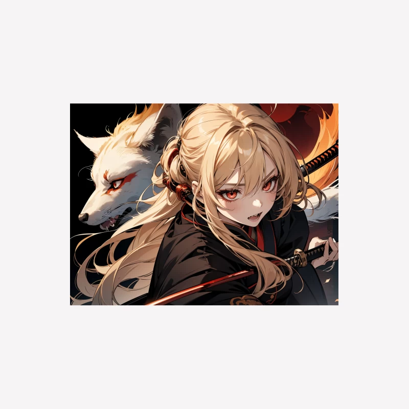 Blonde Anime Warrior with Wolf and Sword in Fantasy Setting Female T-Shirt