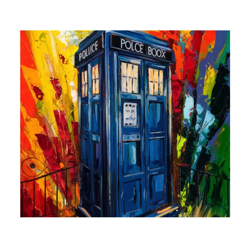 Vibrant TARDIS: Doctor Who's Time Machine in Abstract Art Tapestry