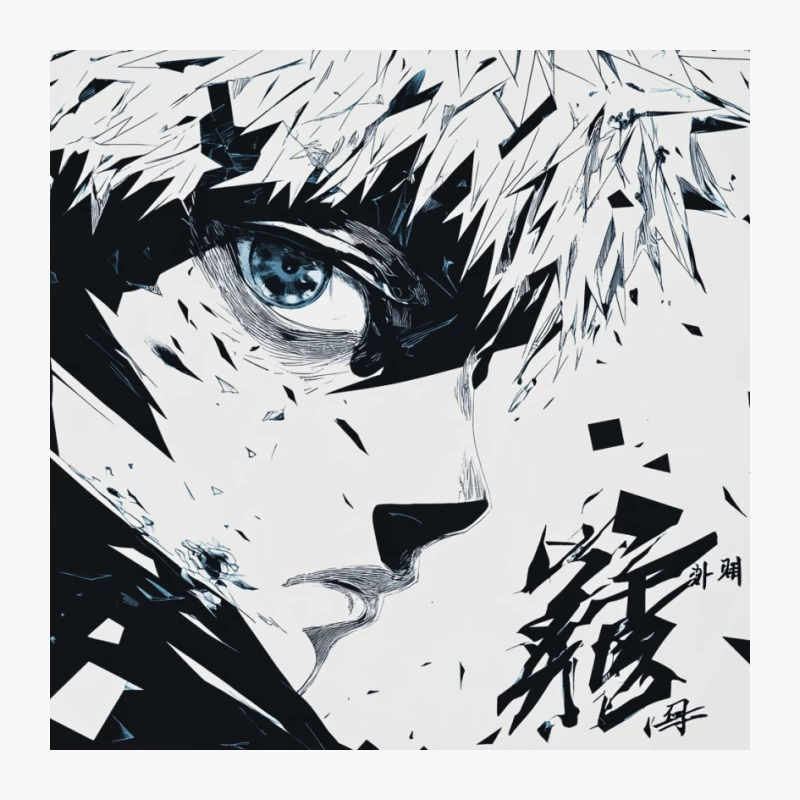 Fragmented Anime Portrait: Intense Gaze in Black and White Pin