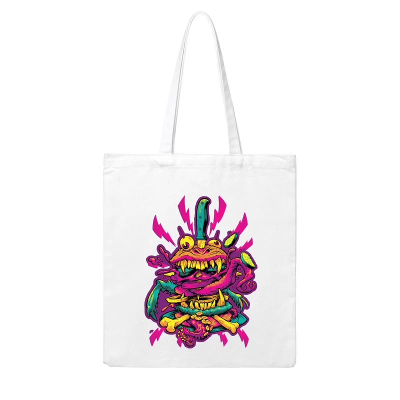 Colorful Grotesque Monster with Knife Cotton Tote Bag