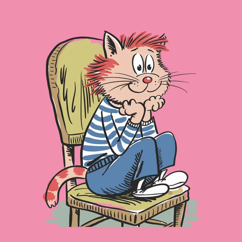 Casual Cartoon Cat Lounging in Striped Shirt on Green Chair Female T-Shirt