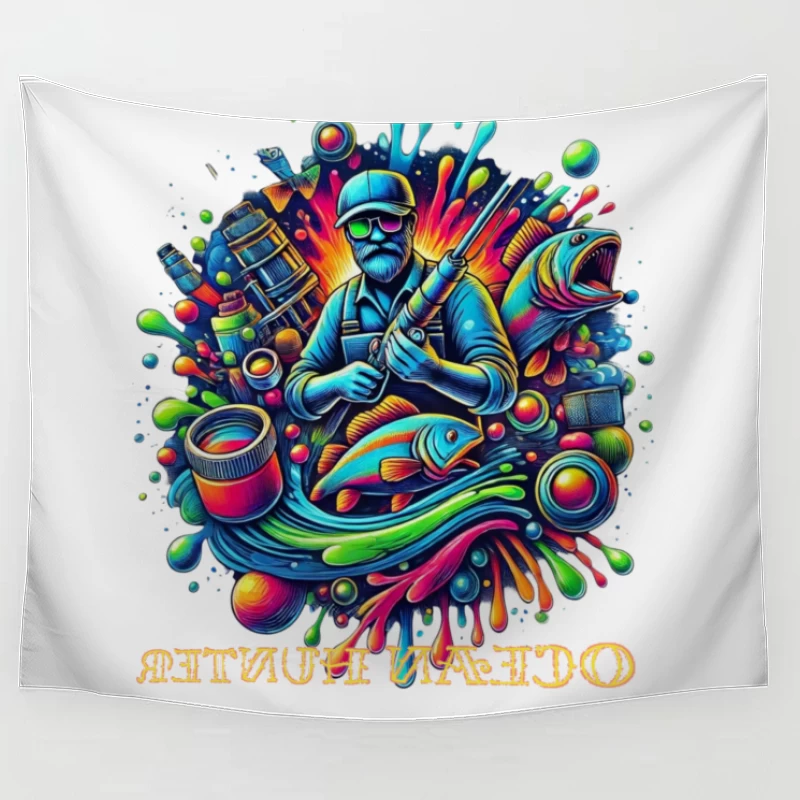 Psychedelic Fishing Adventure Art Tapestry