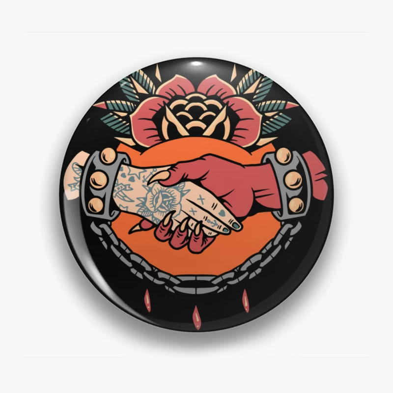 Symbolic Handshake Artwork with Floral and Chain Elements Pin