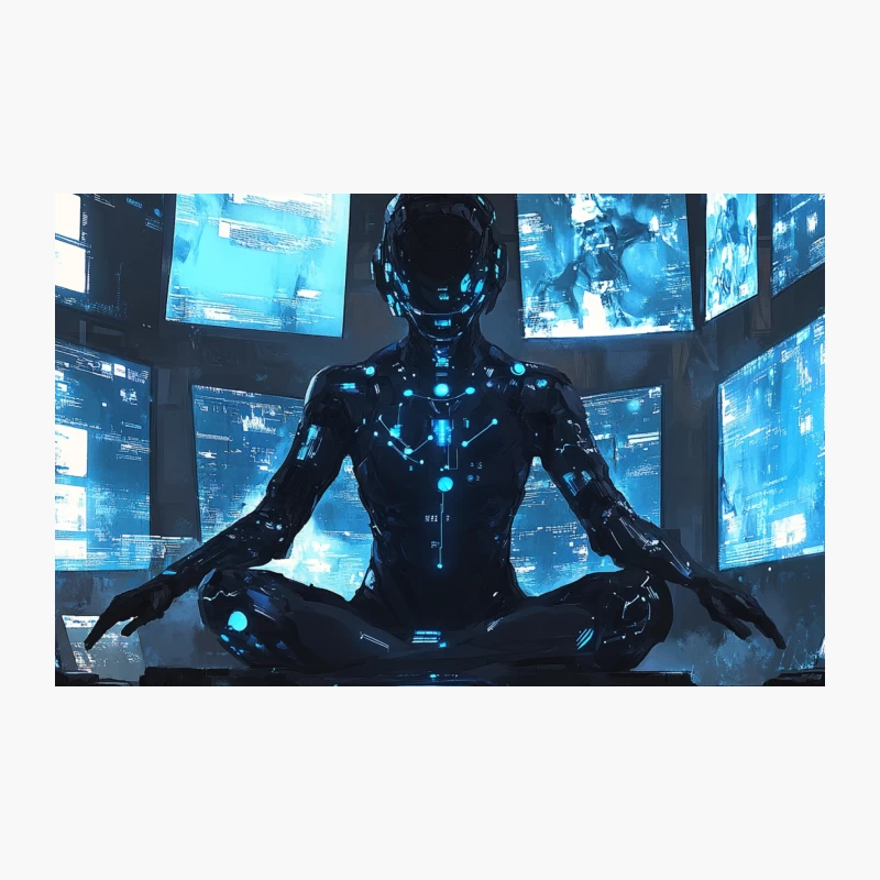 Futuristic AI Cyborg Meditating Amidst Holographic Displays Travel Mug