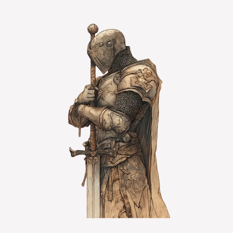 Medieval Knight Sculpture: Armored Warrior with Sword and Helm Male T-Shirt