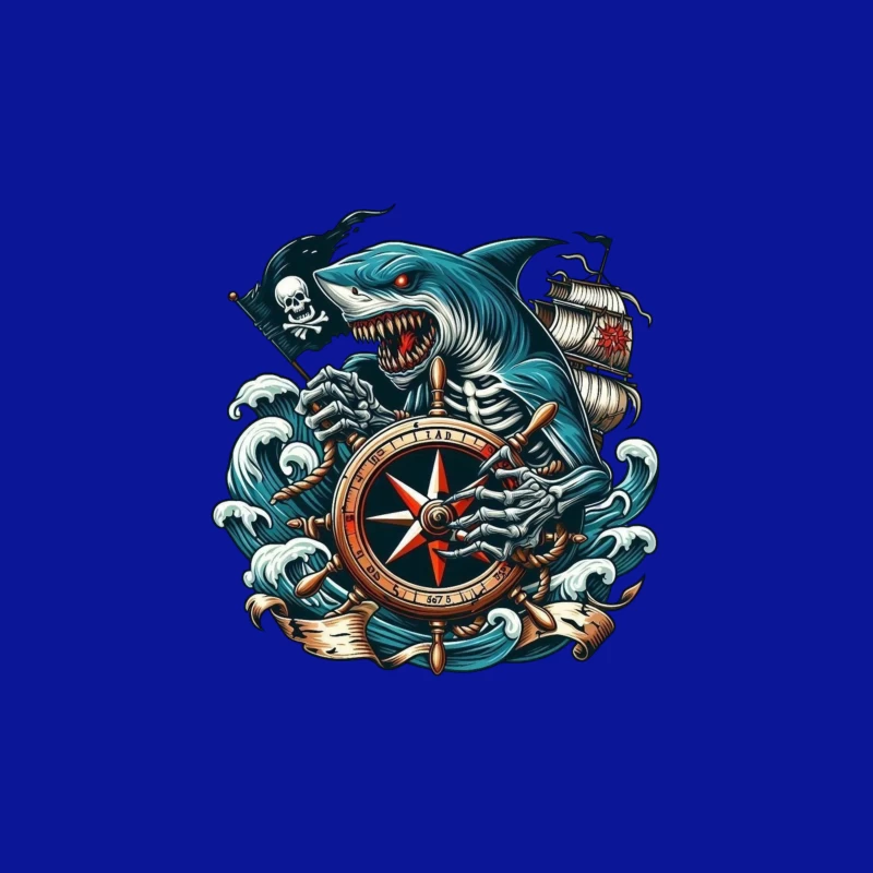 Pirate Shark with Compass and Ship Travel Mug