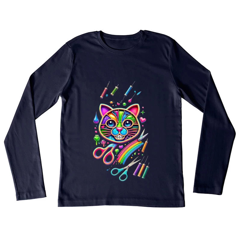 Rainbow Pop Art Cat with Creative Art Supplies Female Long Sleeve T-Shirt