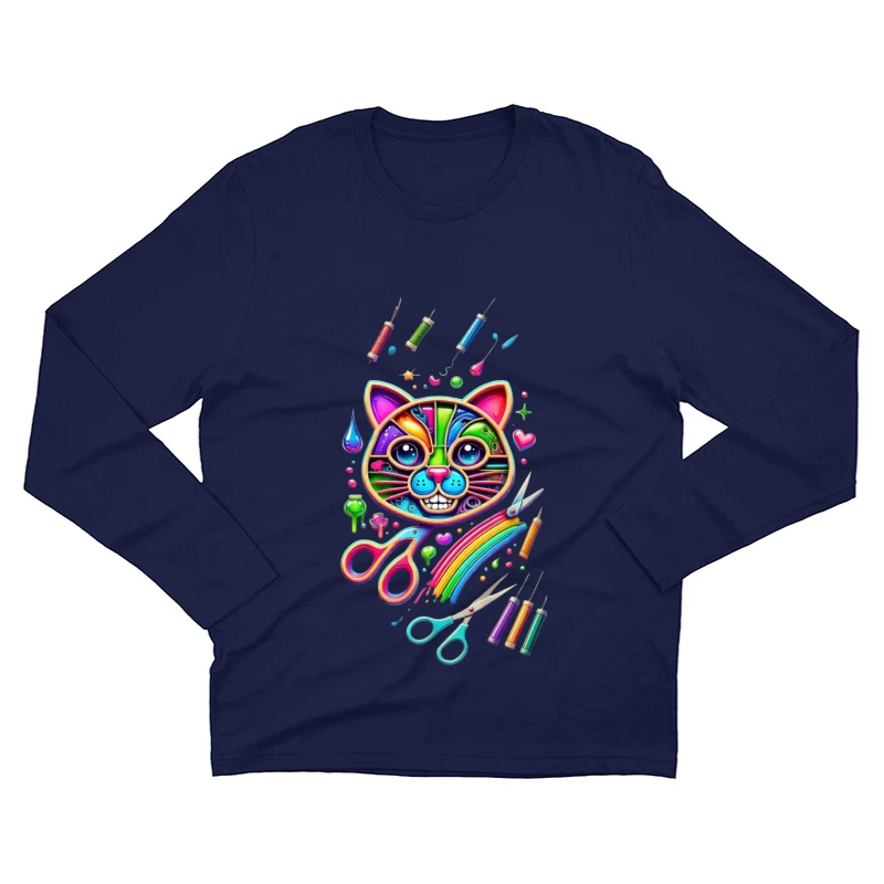 Rainbow Pop Art Cat with Creative Art Supplies Male Long Sleeve T-Shirt