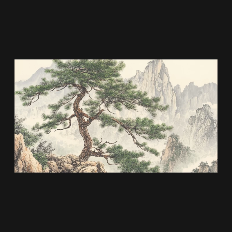 Misty Mountain Landscape with Solitary Pine: Traditional Chinese Painting Desk Mat