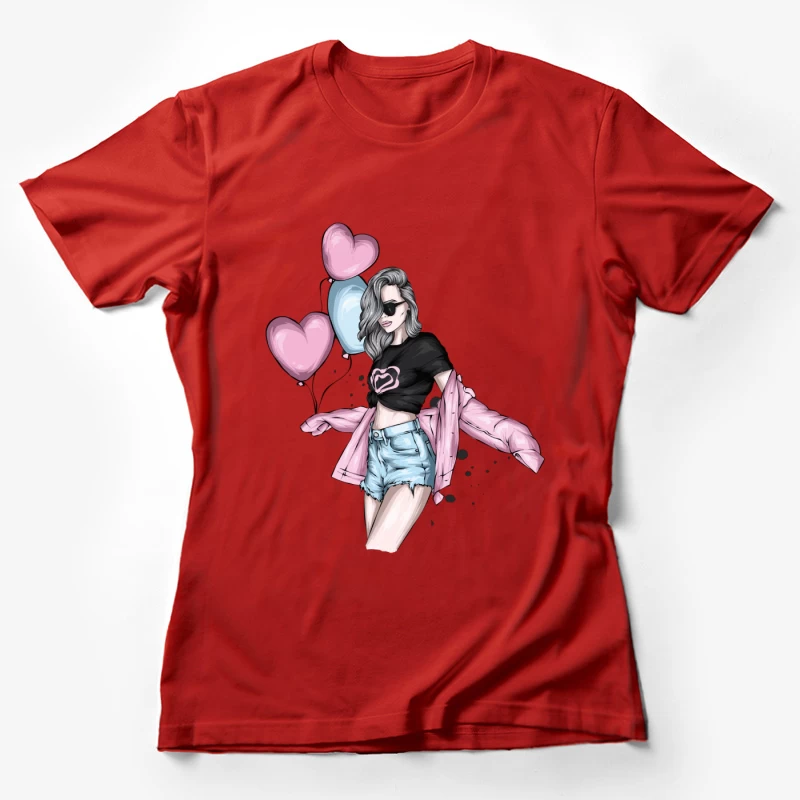 Stylish Girl with Balloons in Summer Fashion Female T-Shirt