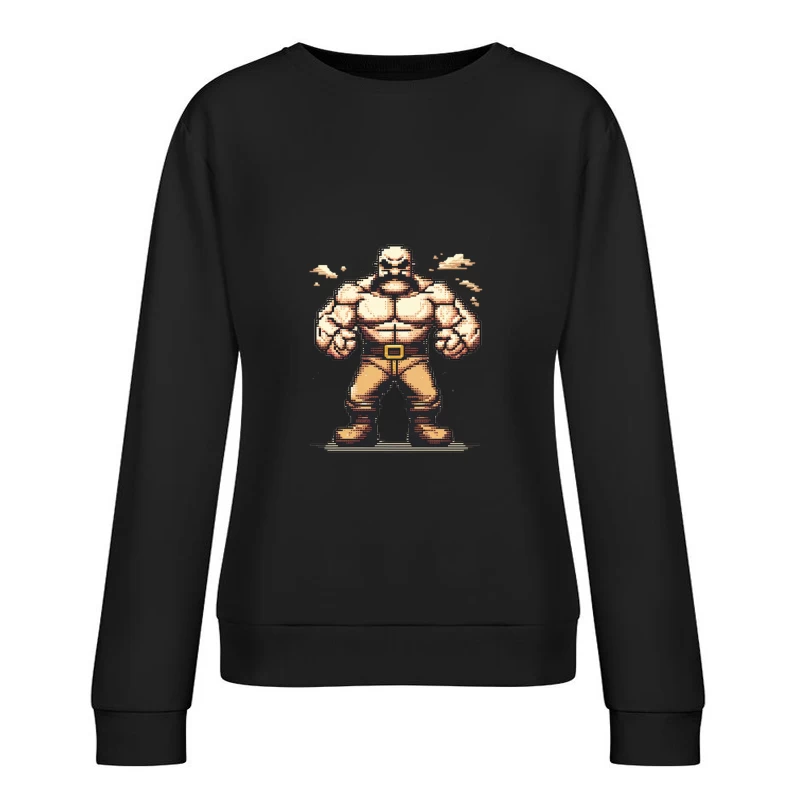 Muscular Pixel Art Fighter Character in Retro Gaming Style Female Pullover Sweatshirt