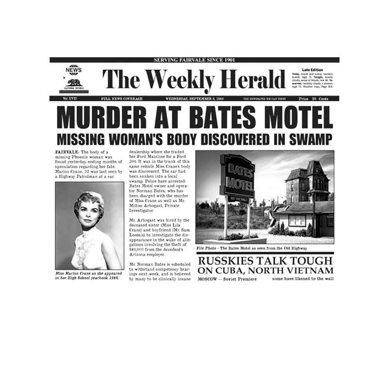 Murder at Bates Motel Newspaper Tapestry