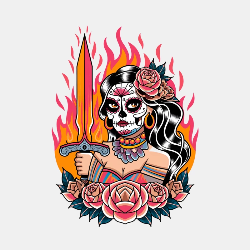 Traditional Mexican Sugar Skull Warrior with Roses and Flaming Sword Male Tank Top