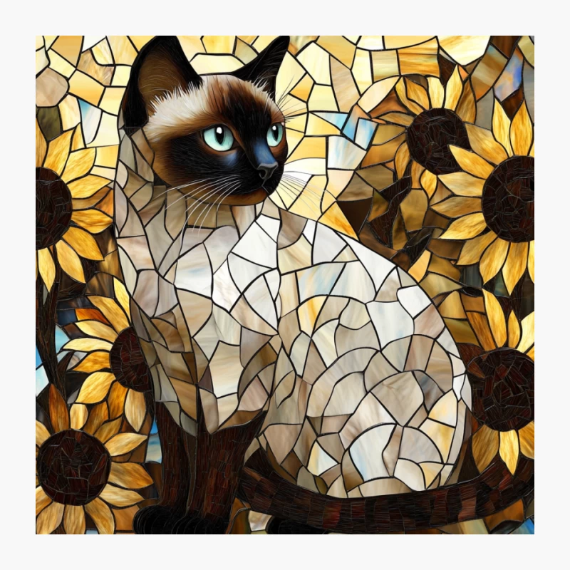 Siamese Cat Among Sunflowers in Stained Glass Mosaic Style Pin