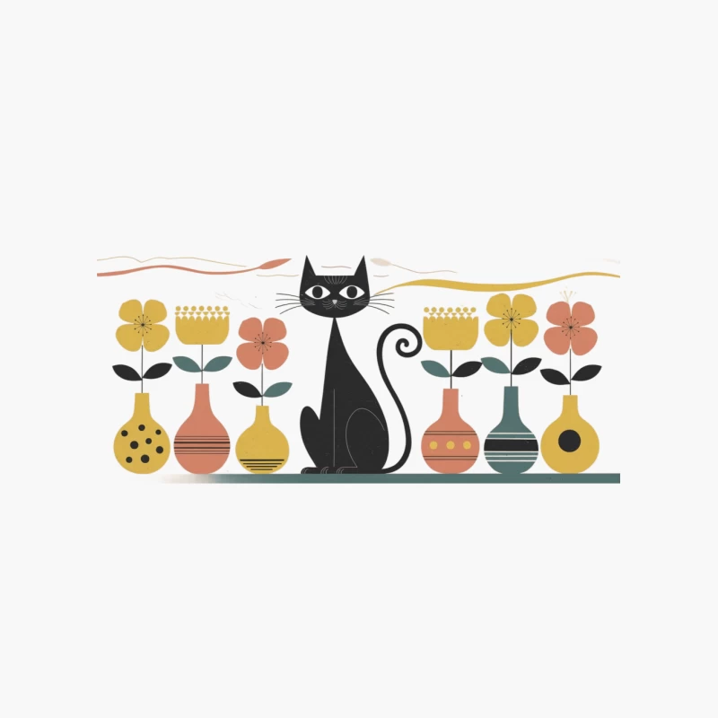 Retro Cat and Floral Vase Illustration in Scandinavian Style Cotton Tote Bag