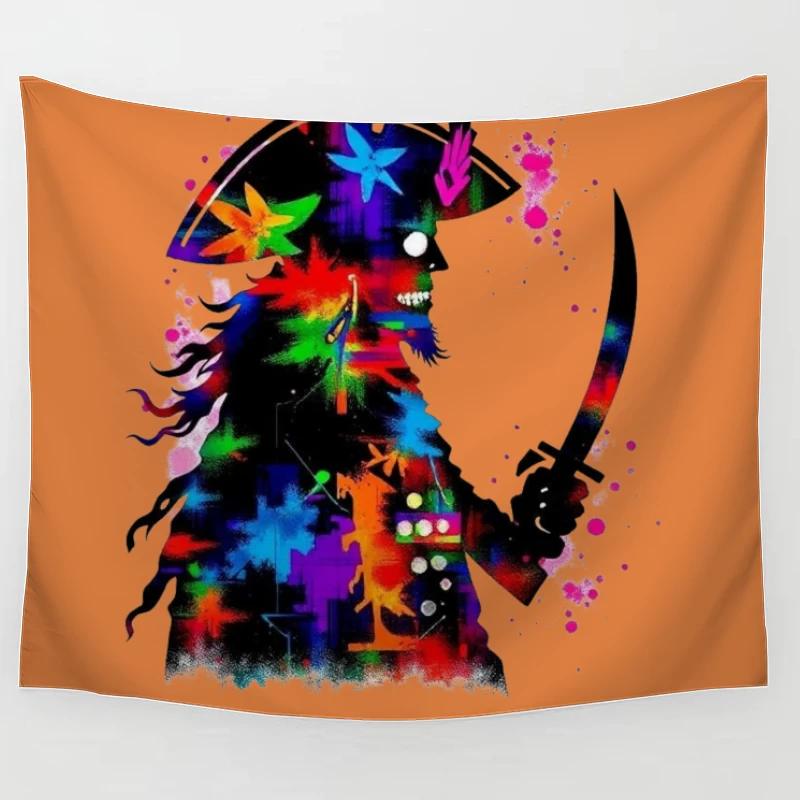 Colorful Pirate Silhouette with Sword Tapestry