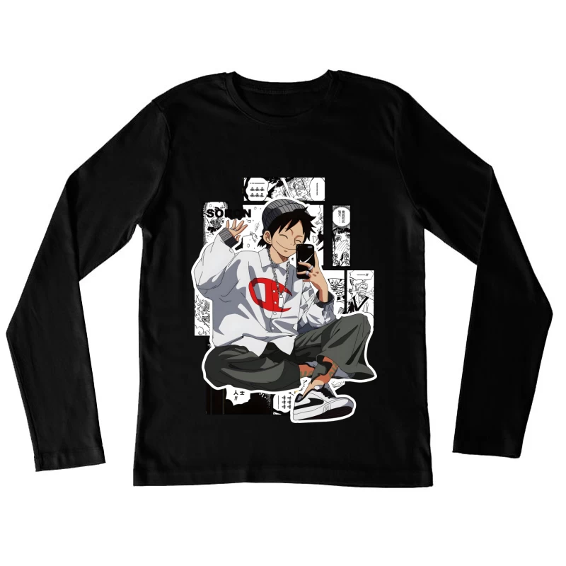 Junge mit Smartphone und lässigem Stil Damen Langarm T-Shirt