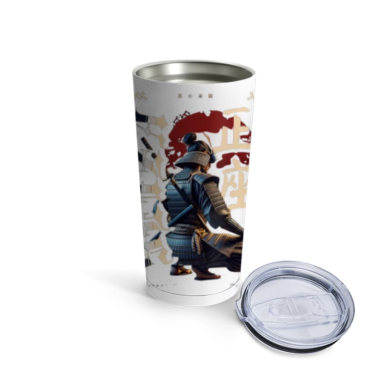 Kneeling Samurai Warrior with Traditional Japanese Calligraphy Travel Mug