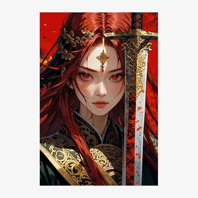 Crimson-Haired Warrior Princess: A Fantasy Portrait Male T-Shirt