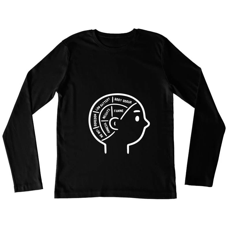 Humorvolle Darstellung des Gehirns mit Etiketten Damen Langarm T-Shirt