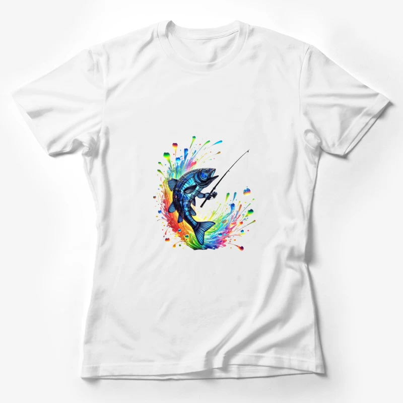 Rainbow Splatter Fish with Fishing Rod Art Female T-Shirt