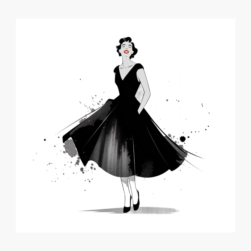Vintage Elegance: 1950s Fashion Illustration with Ink Splatter Throw Pillow