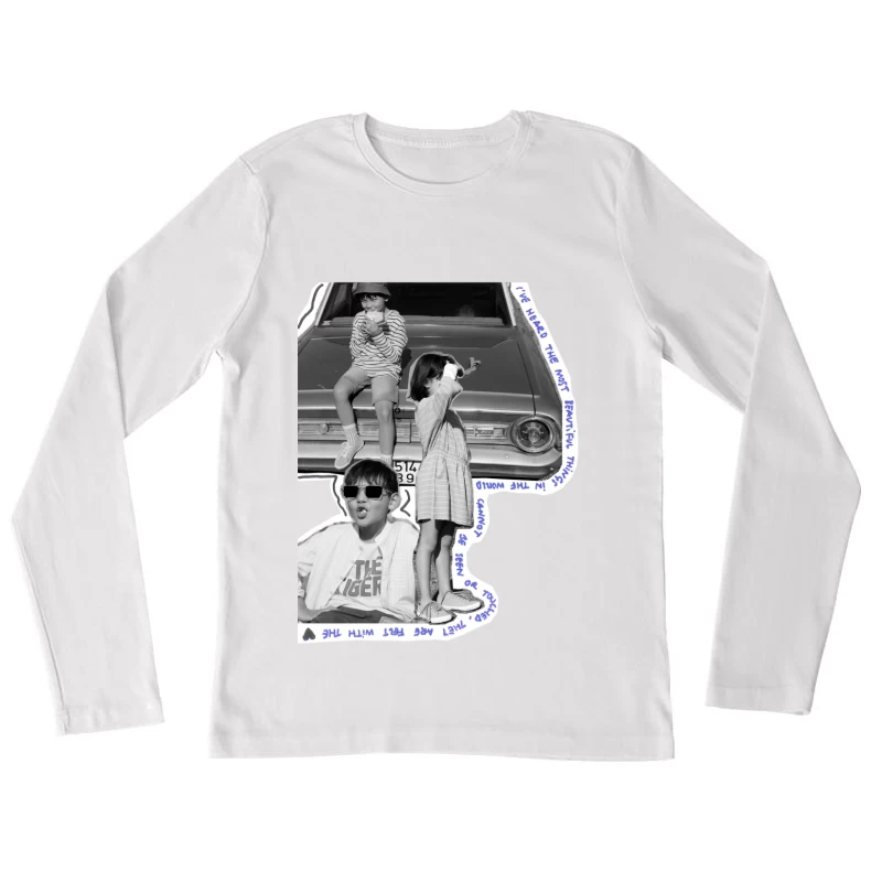 Kinder vor einem Oldtimer mit Zitat Damen Langarm T-Shirt