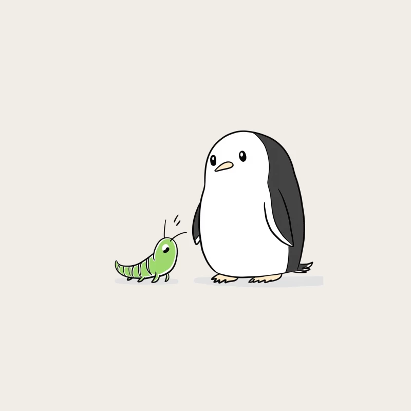 Cute Cartoon Penguin Meeting a Small Green Caterpillar Bucket Hat