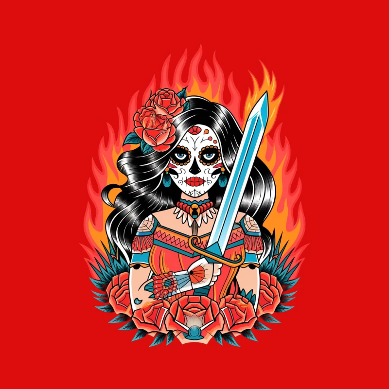 Traditional Day of the Dead Warrior with Sword and Roses in Flames Male Tank Top