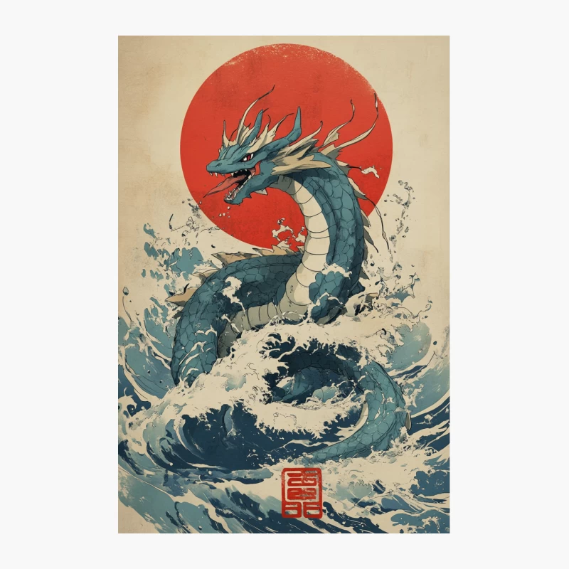 Japanese Dragon Rising from Stormy Waves Under Red Sun Cotton Tote Bag