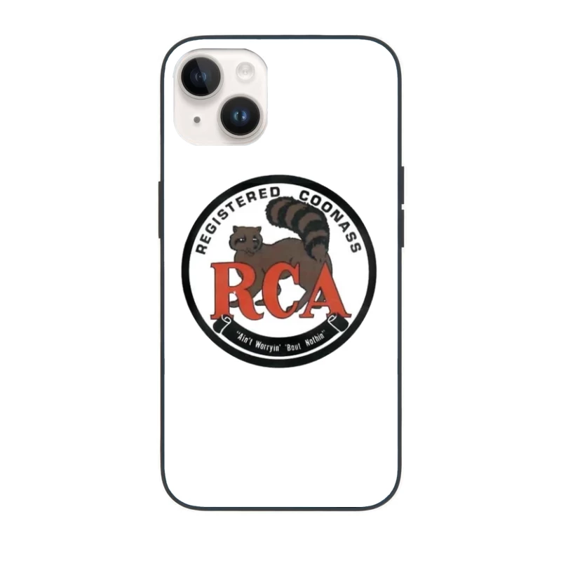 Registered Coonass RCA Logo with Raccoon Mascot and Humorous Slogan iPhone Case