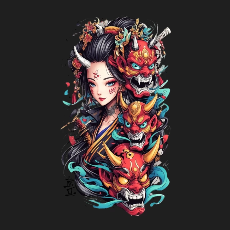 Geisha mit Oni-Masken und Blumen Herren Tanktops