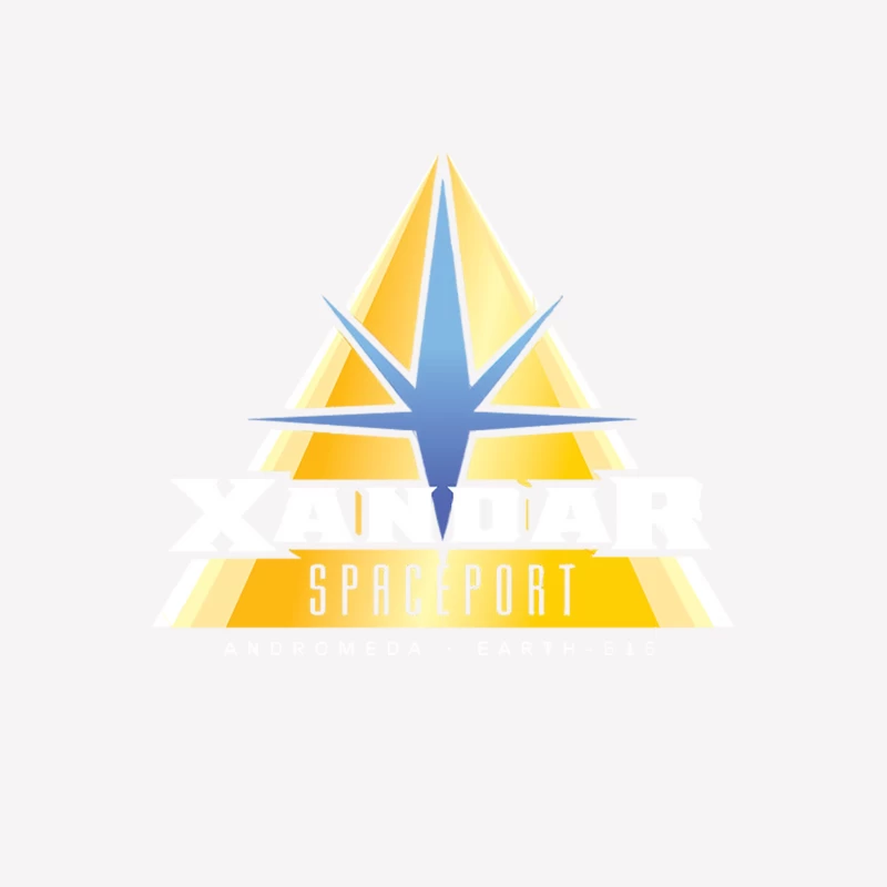 Geometric Spaceport Logo: Futuristic Sci-Fi Design in Yellow and Blue Female T-Shirt