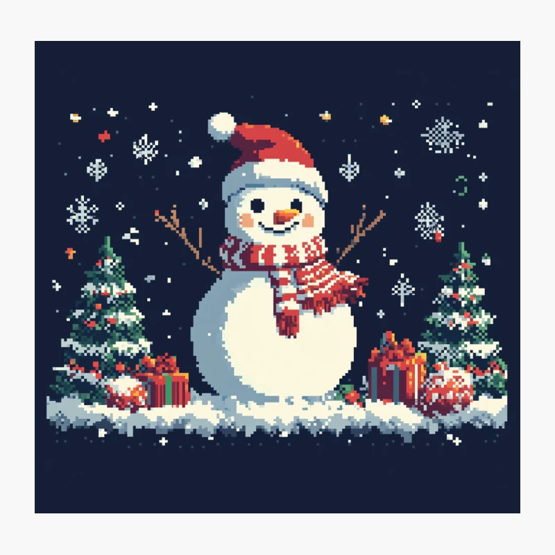 Festive Pixel Art Snowman in Winter Christmas Night Scene Throw Pillow
