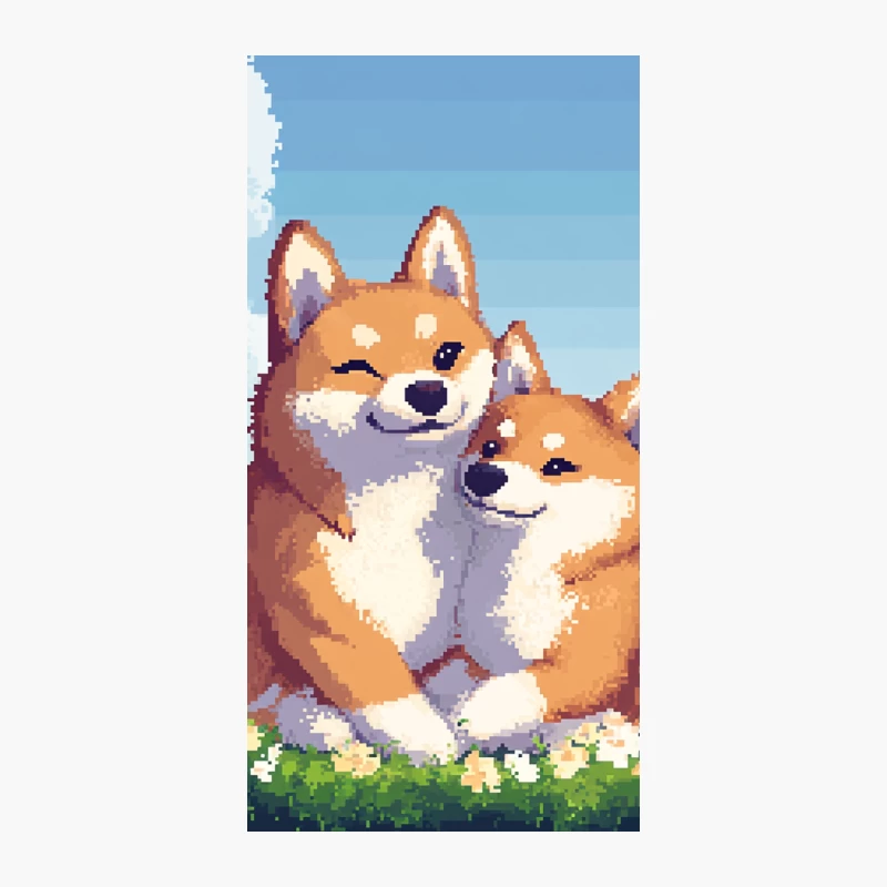 Adorable Pixel Art Shiba Inus in Spring Cherry Blossom Scene iPhone Case
