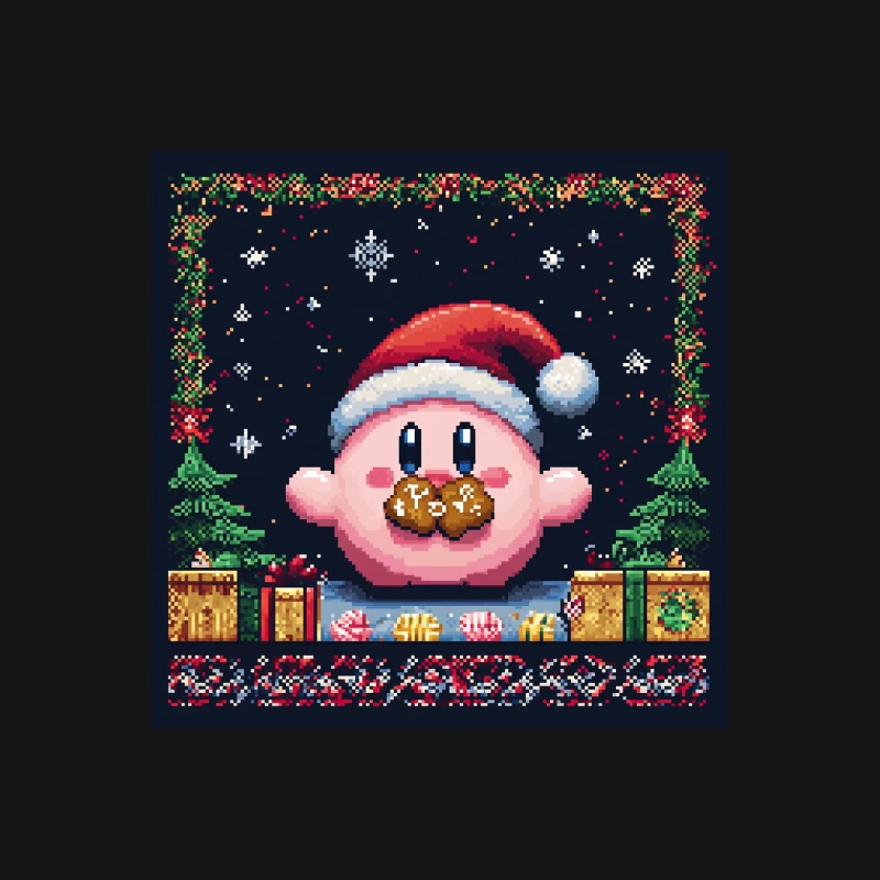Festive Pixel Art Kirby Christmas Scene with Presents Male T-Shirt